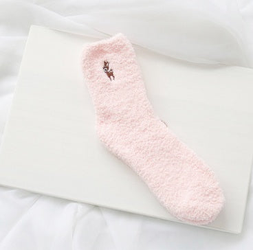 Japanese embroidery women's socks deer coral velvet socks plus velvet thickening home socks autumn and winter women's socks kittens warm socks