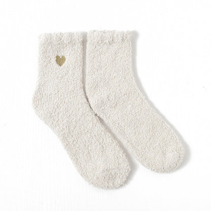 Autumn and winter embroidery love coral fleece socks