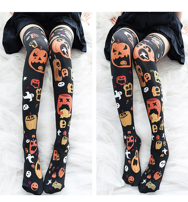 Halloween Pumpkin Print Over The Knee Socks