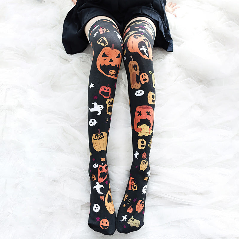 Halloween Pumpkin Print Over The Knee Socks