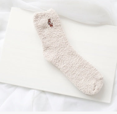 Japanese embroidery women's socks deer coral velvet socks plus velvet thickening home socks autumn and winter women's socks kittens warm socks