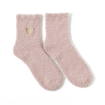 Autumn and winter embroidery love coral fleece socks