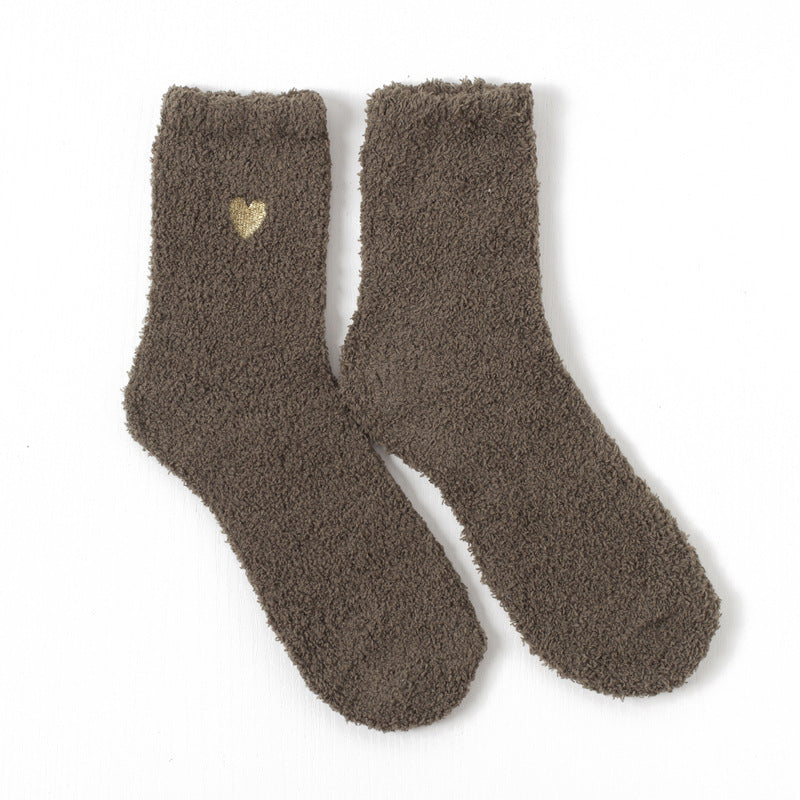 Autumn and winter embroidery love coral fleece socks