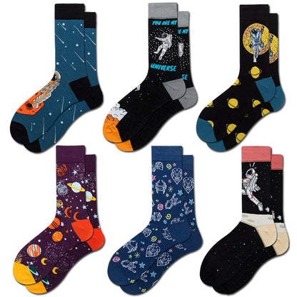 Amazon New Universe Series Men's Big Board Planet Constellation Female Laughing Mid Calf Socks Astronaut Socks Manufacturer