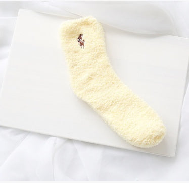 Japanese embroidery women's socks deer coral velvet socks plus velvet thickening home socks autumn and winter women's socks kittens warm socks