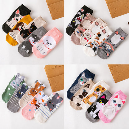 Women's Cartoon Straight Ankle Socks Cartoon Japanese Dogs And Cats Pattern