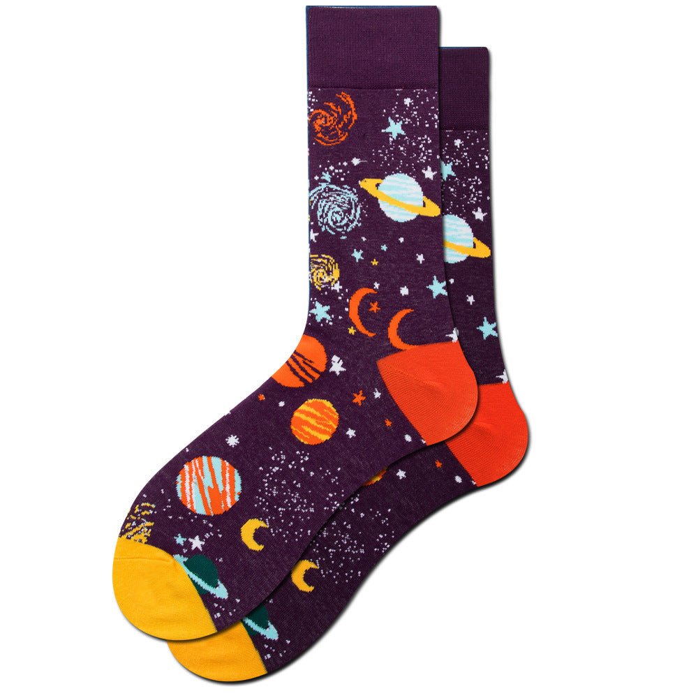 Amazon New Universe Series Men's Big Board Planet Constellation Female Laughing Mid Calf Socks Astronaut Socks Manufacturer